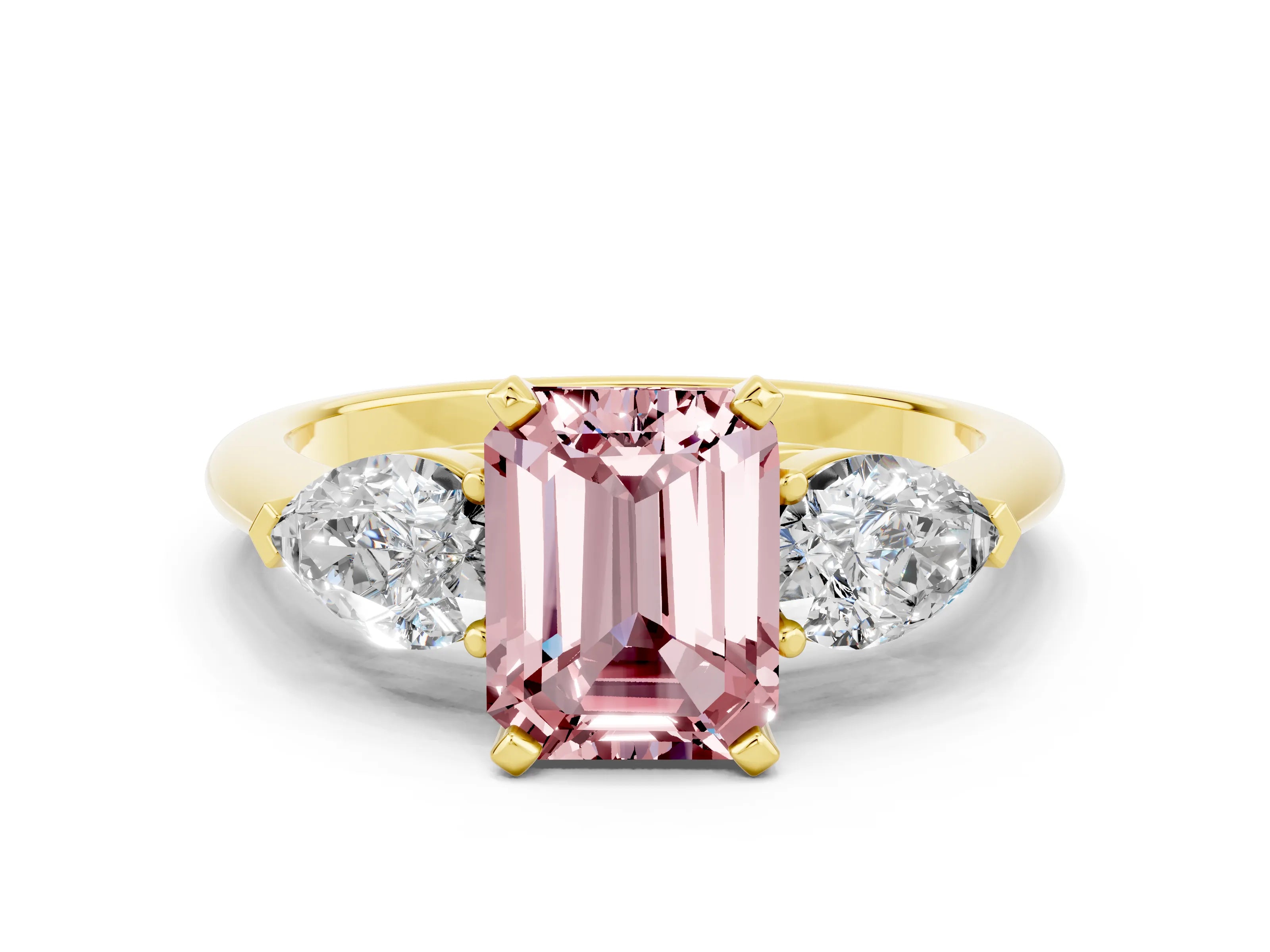 Yellow gold Three-Stone Emerald Cut Morganite Ring with Pear Side Stones and Four-Prong Setting