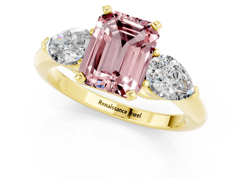 Yellow gold Three-Stone Emerald Cut Morganite Ring with Pear Side Stones and Four-Prong Setting_1