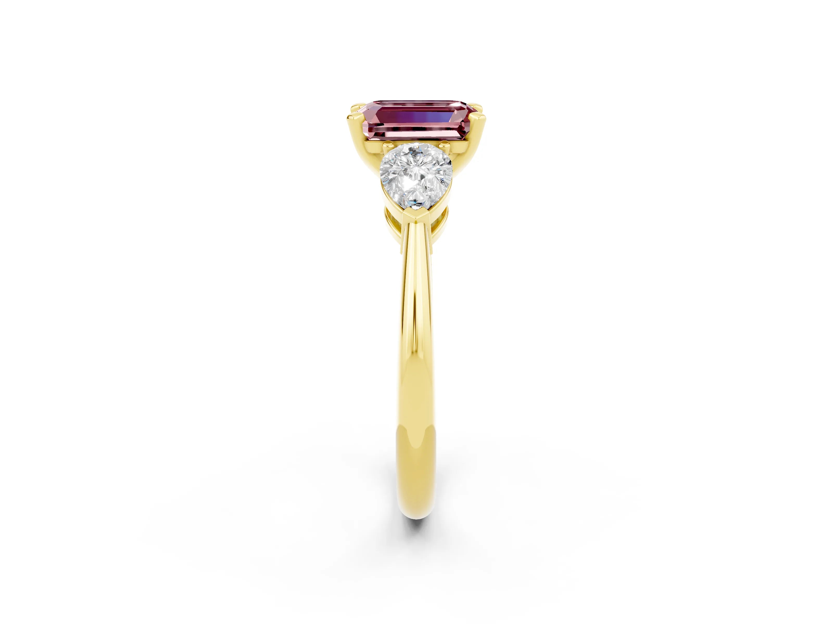 Yellow gold Three-Stone Emerald Cut Morganite Ring with Pear Side Stones and Four-Prong Setting_2