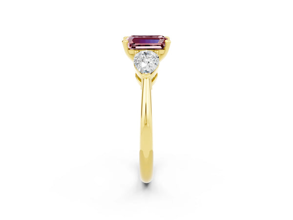 Yellow gold Three-Stone Emerald Cut Morganite Ring with Pear Side Stones and Four-Prong Setting