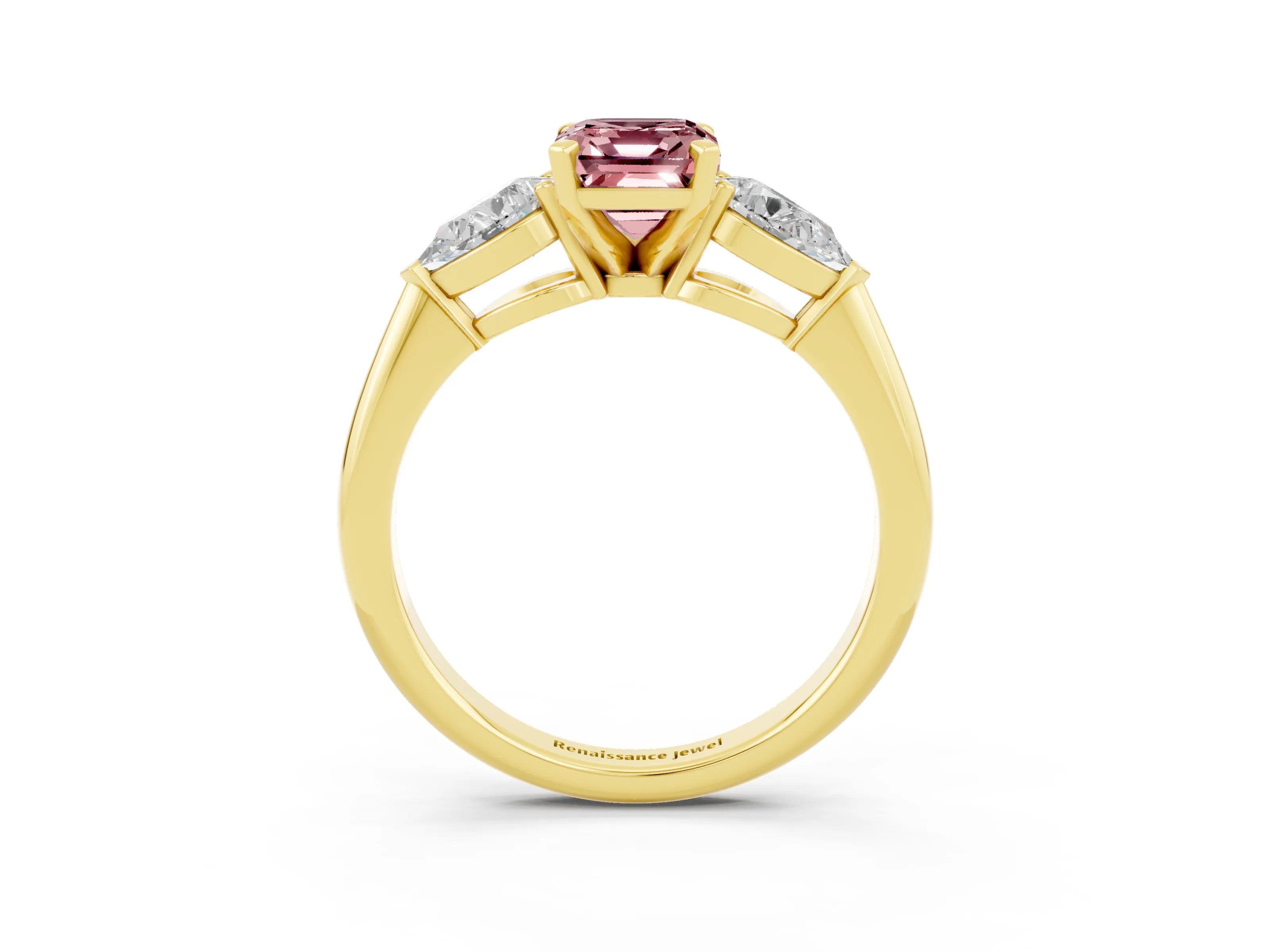 Yellow gold Three-Stone Emerald Cut Morganite Ring with Pear Side Stones and Four-Prong Setting_3