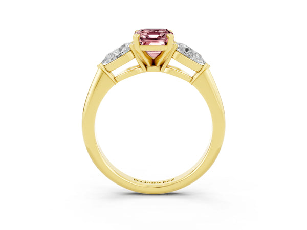 Yellow gold Three-Stone Emerald Cut Morganite Ring with Pear Side Stones and Four-Prong Setting