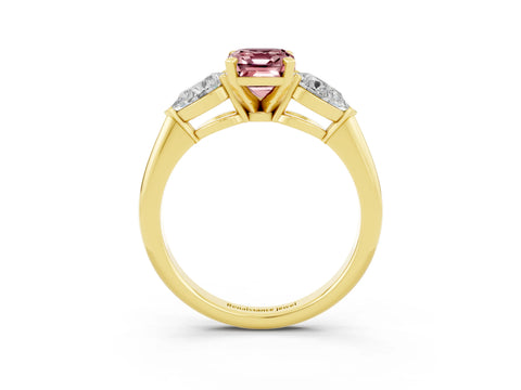 Yellow gold Three-Stone Emerald Cut Morganite Ring with Pear Side Stones and Four-Prong Setting_3