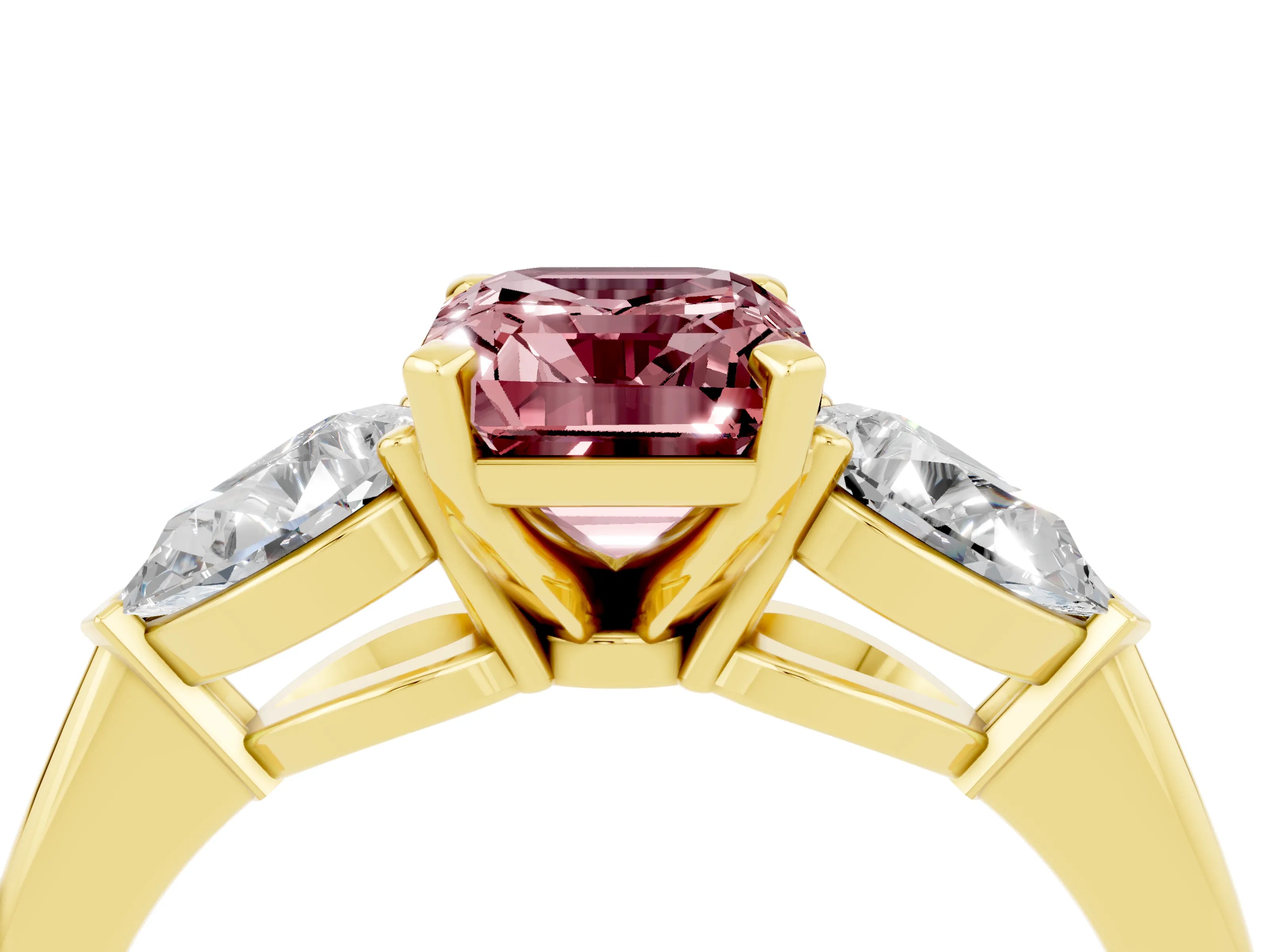 Yellow gold Three-Stone Emerald Cut Morganite Ring with Pear Side Stones and Four-Prong Setting_4