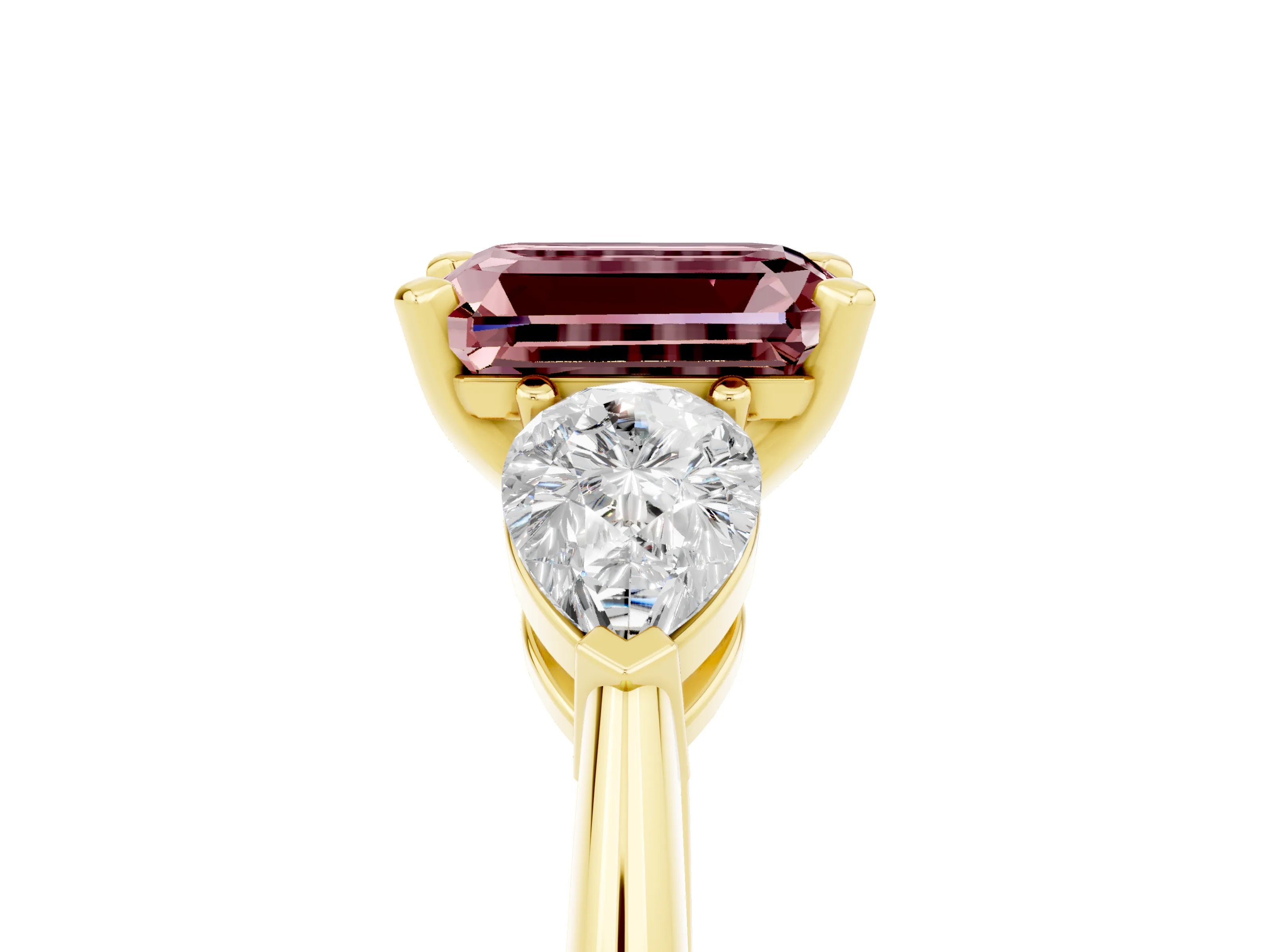 Yellow gold Three-Stone Emerald Cut Morganite Ring with Pear Side Stones and Four-Prong Setting_5