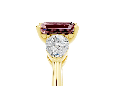 Yellow gold Three-Stone Emerald Cut Morganite Ring with Pear Side Stones and Four-Prong Setting_5