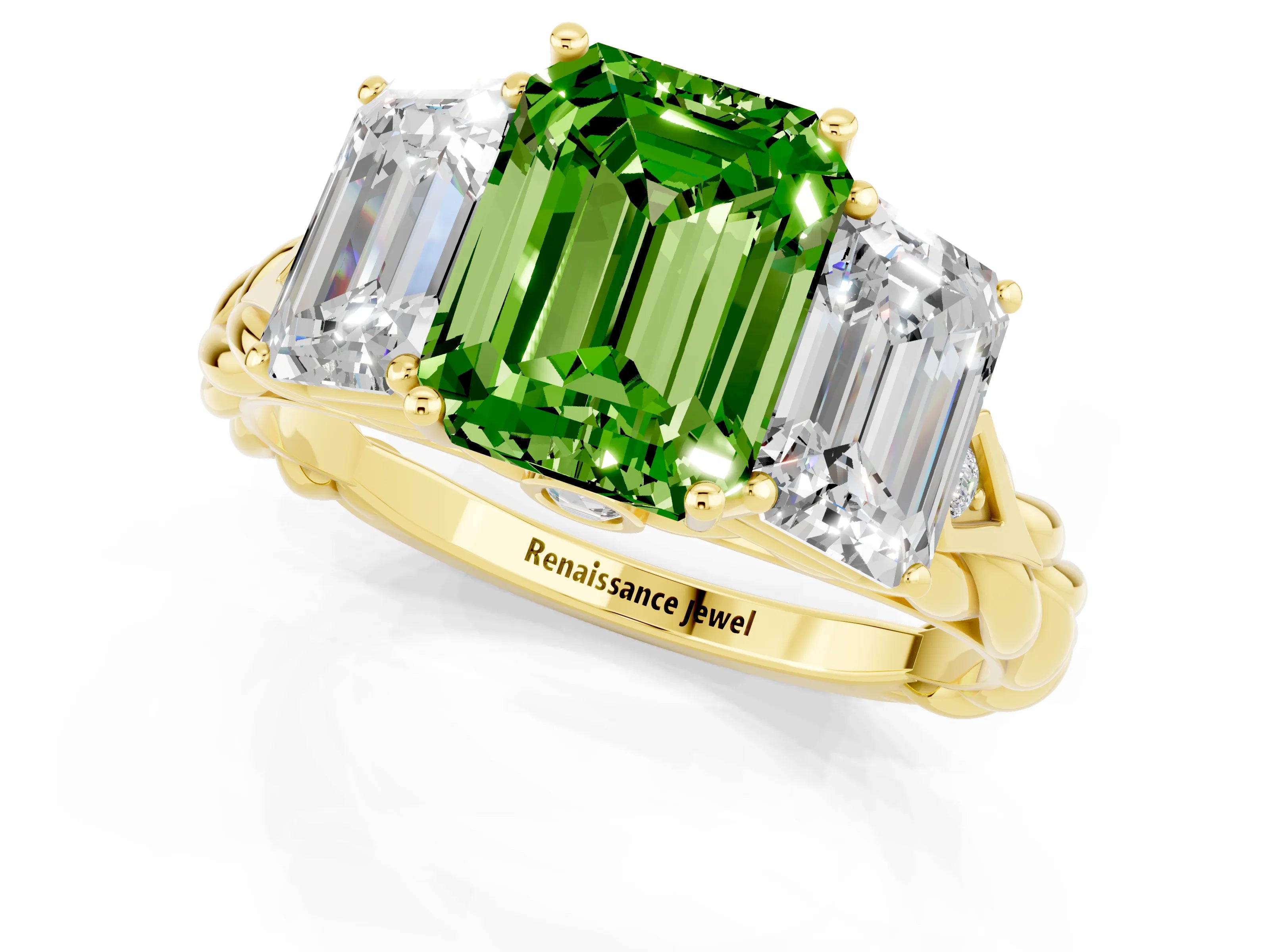 Yellow gold Three-Stone Emerald Cut Peridot Braided Band Ring with Four-Prong Setting_37