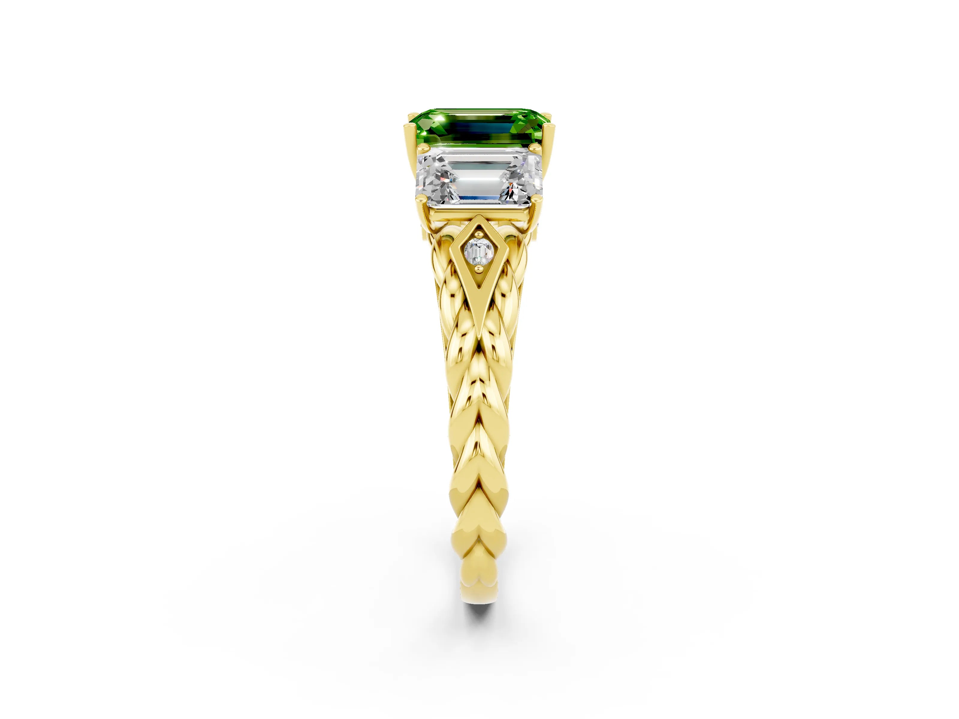 Yellow gold Three-Stone Emerald Cut Peridot Braided Band Ring with Four-Prong Setting_38