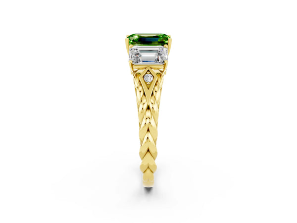 Yellow gold Three-Stone Emerald Cut Peridot Braided Band Ring with Four-Prong Setting