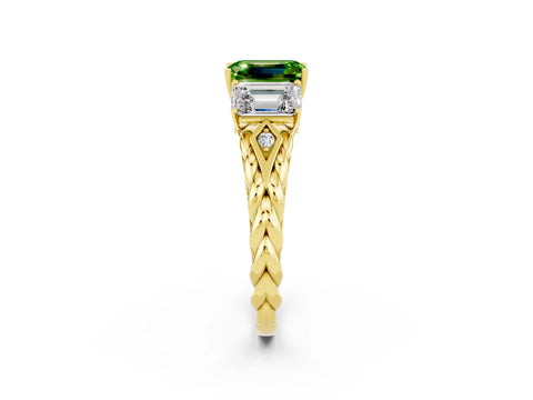 Yellow gold Three-Stone Emerald Cut Peridot Braided Band Ring with Four-Prong Setting_38