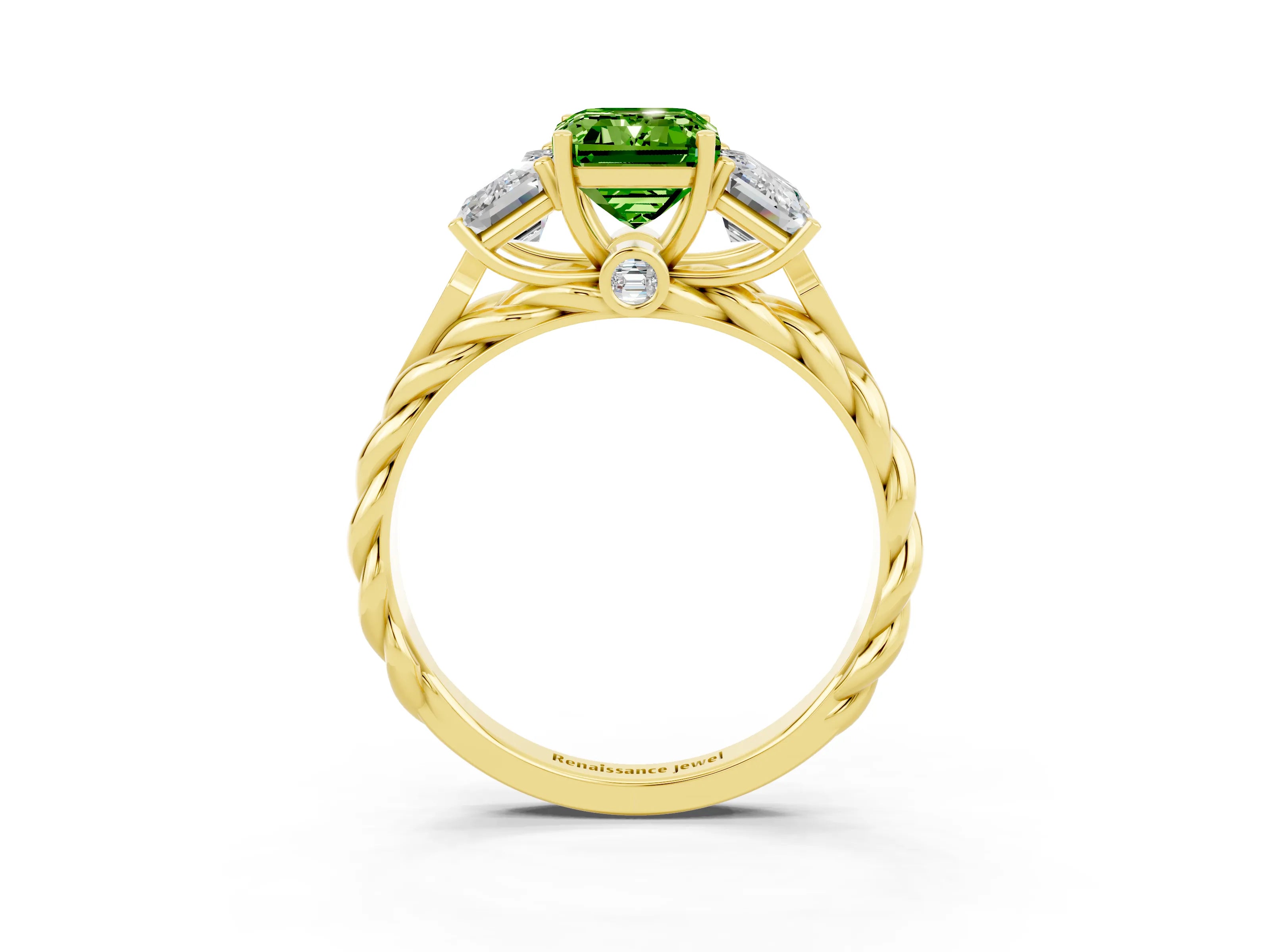 Yellow gold Three-Stone Emerald Cut Peridot Braided Band Ring with Four-Prong Setting_39