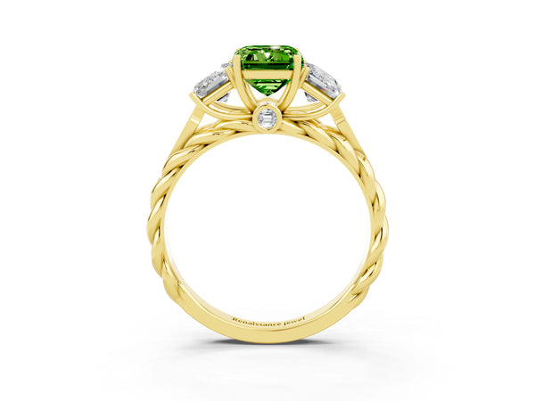 Yellow gold Three-Stone Emerald Cut Peridot Braided Band Ring with Four-Prong Setting