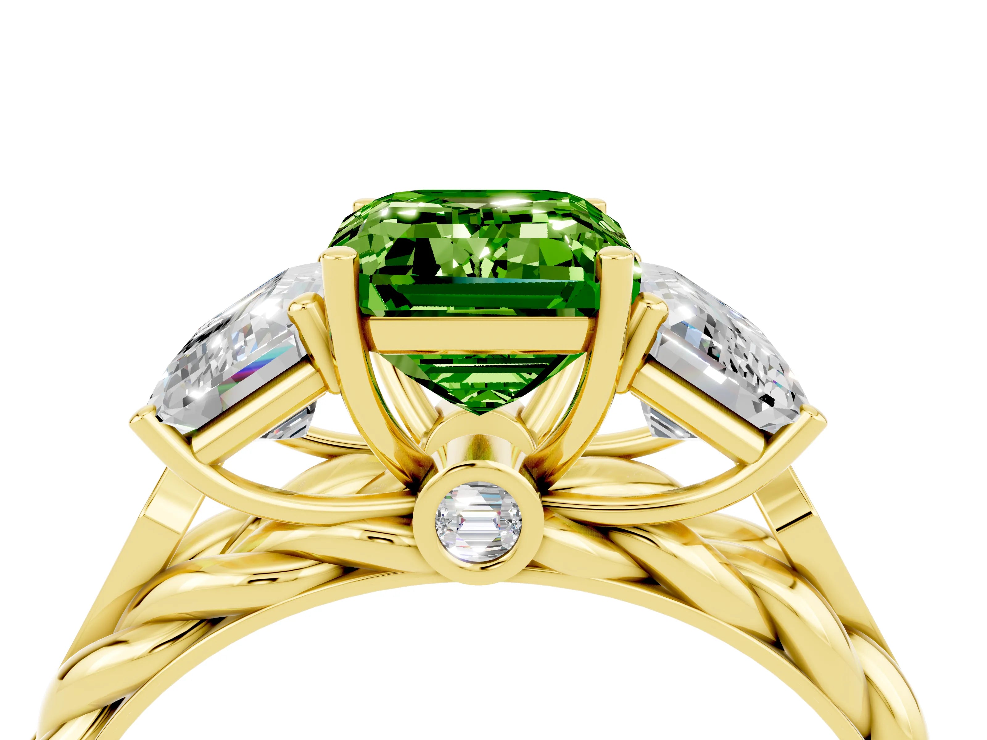 Yellow gold Three-Stone Emerald Cut Peridot Braided Band Ring with Four-Prong Setting_40