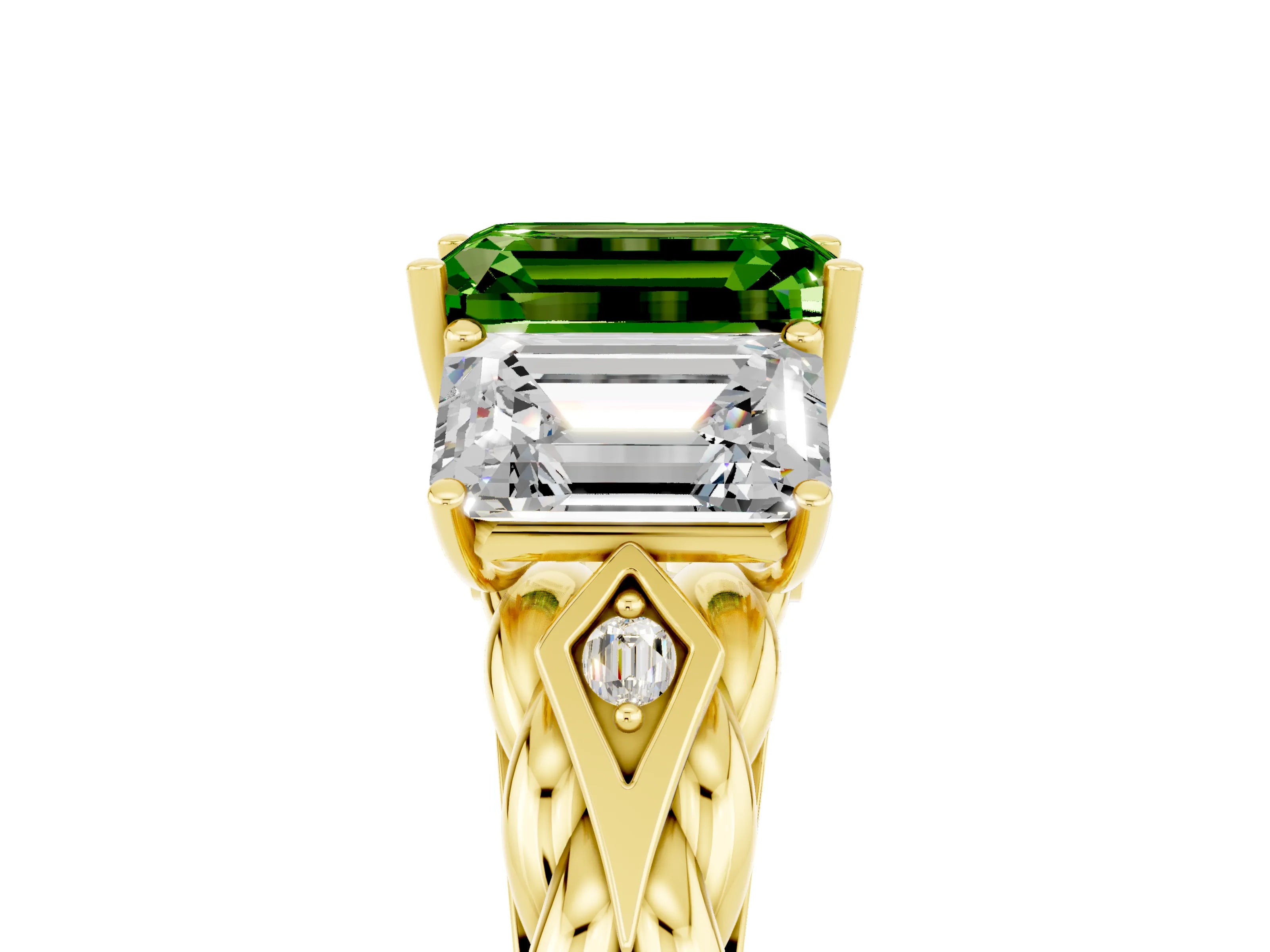 Yellow gold Three-Stone Emerald Cut Peridot Braided Band Ring with Four-Prong Setting_41
