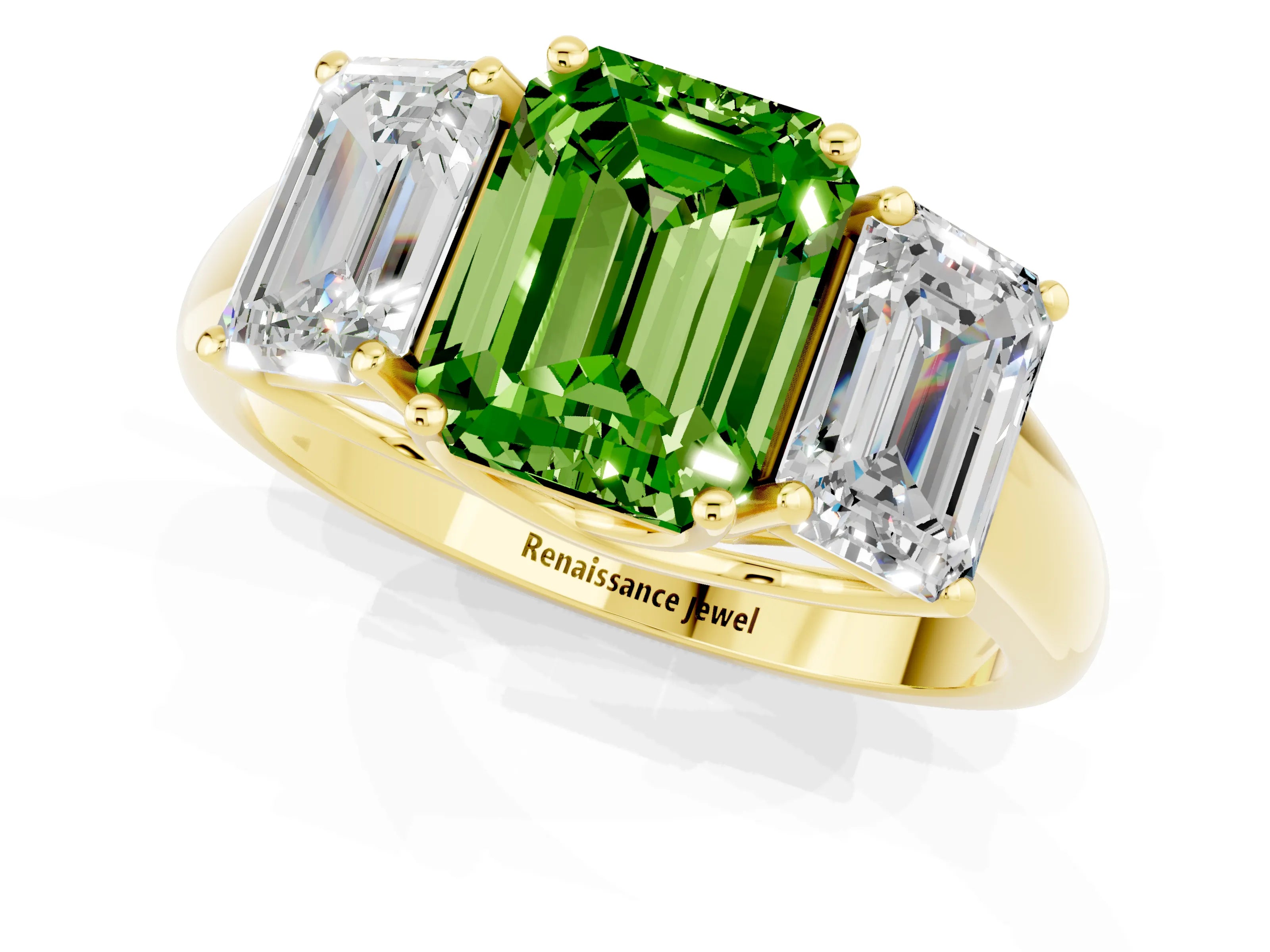 Yellow gold Three-Stone Emerald Cut Peridot Engagement Ring with Prong Setting_1