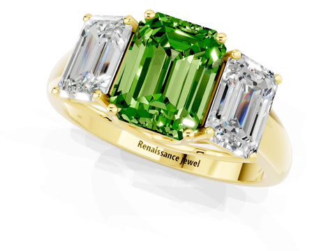 Yellow gold Three-Stone Emerald Cut Peridot Engagement Ring with Prong Setting_1