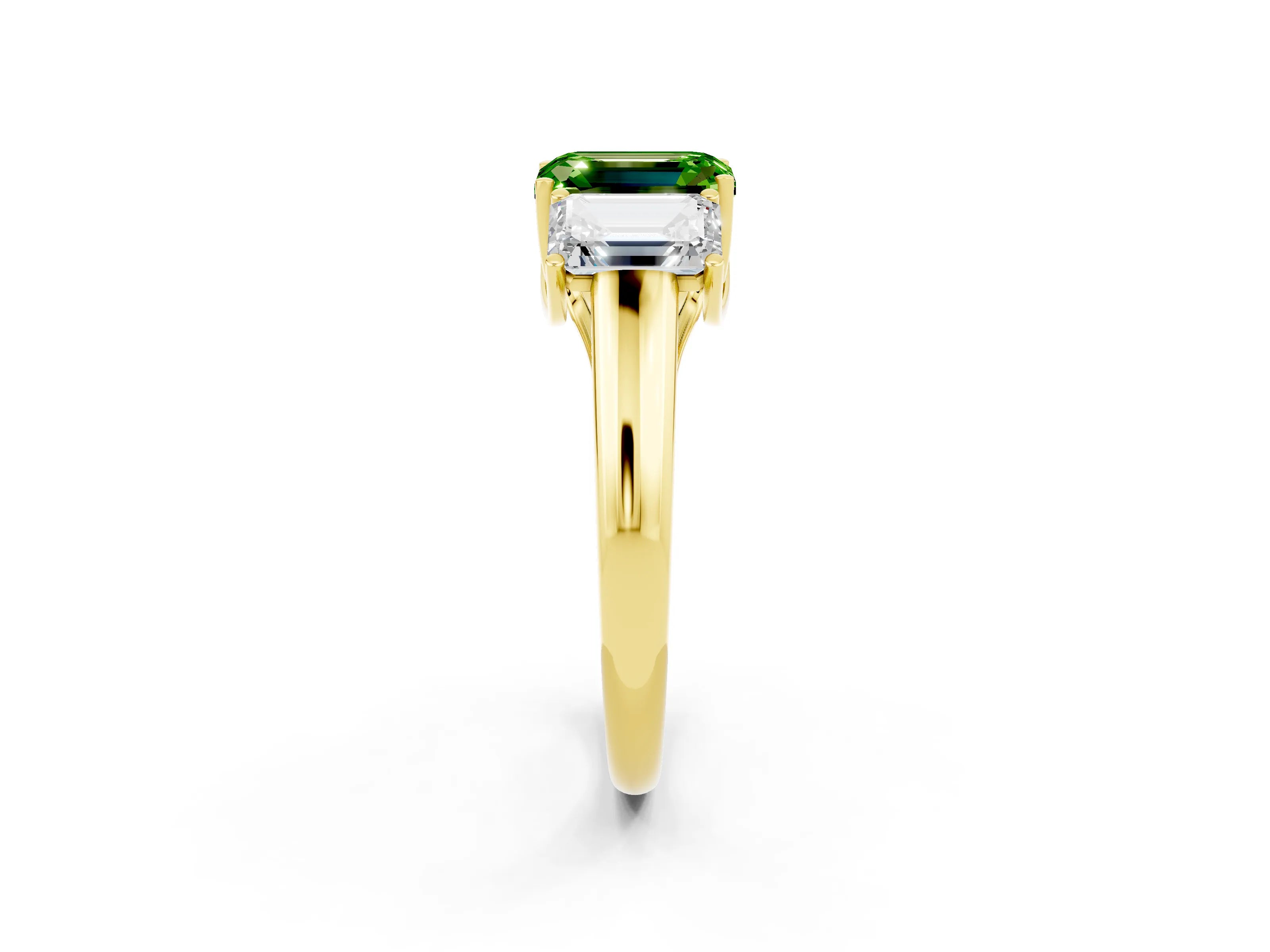 Yellow gold Three-Stone Emerald Cut Peridot Engagement Ring with Prong Setting_2