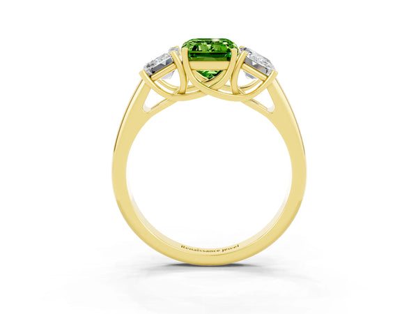 Yellow gold Three-Stone Emerald Cut Peridot Engagement Ring with Prong Setting
