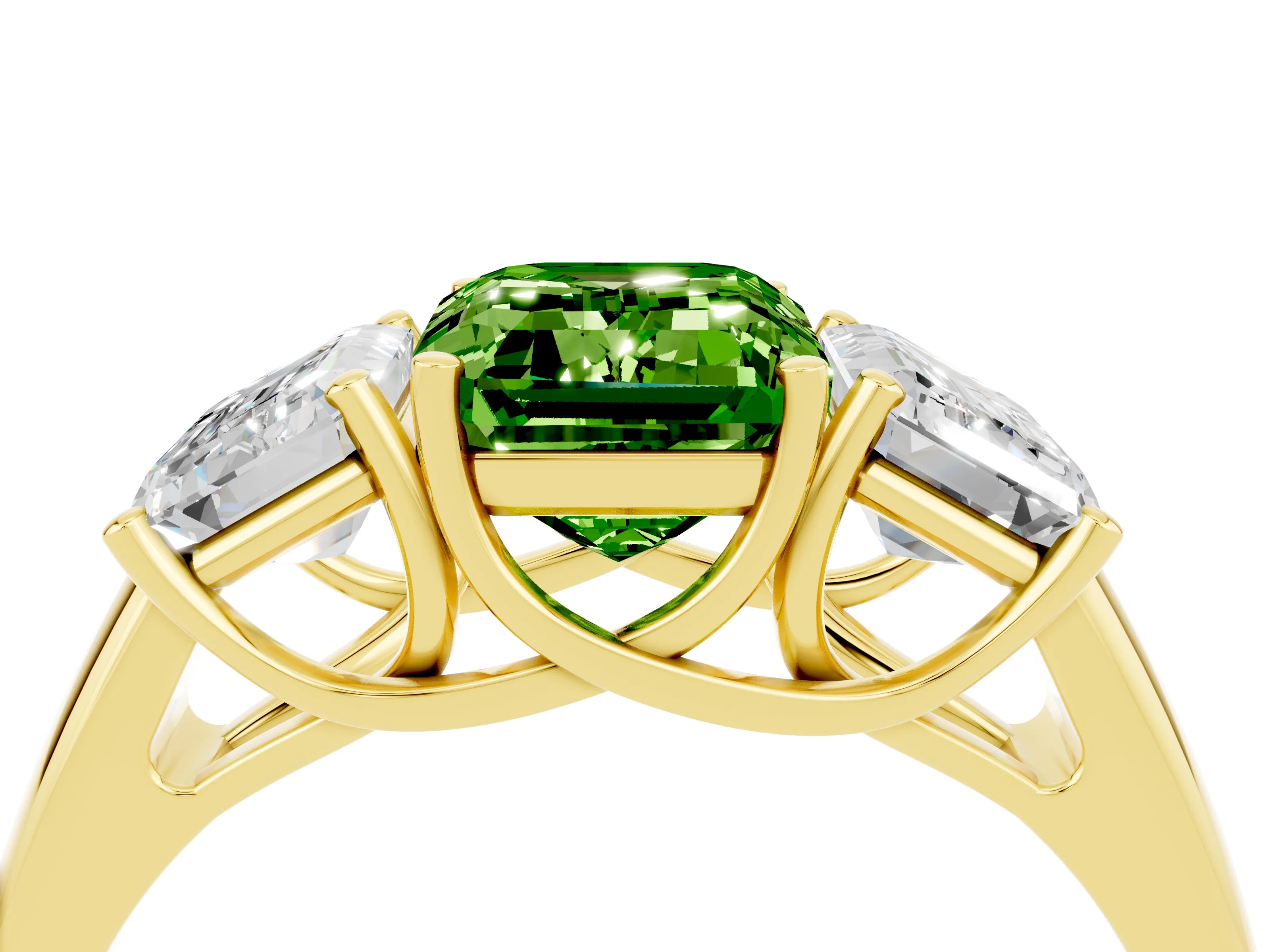 Yellow gold Three-Stone Emerald Cut Peridot Engagement Ring with Prong Setting_4