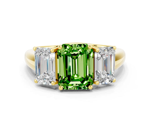 Yellow gold Three-Stone Emerald Cut Peridot Engagement Ring with Prong Setting