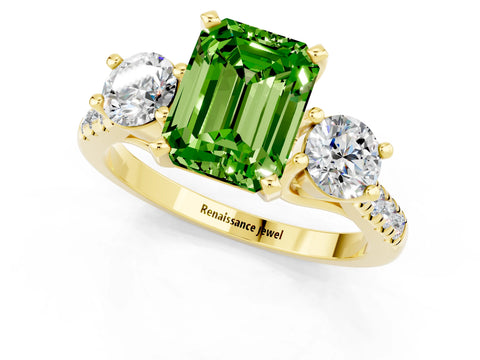 Yellow gold Three-Stone Emerald Cut Peridot Pavé Band with Four-Prong Setting_1