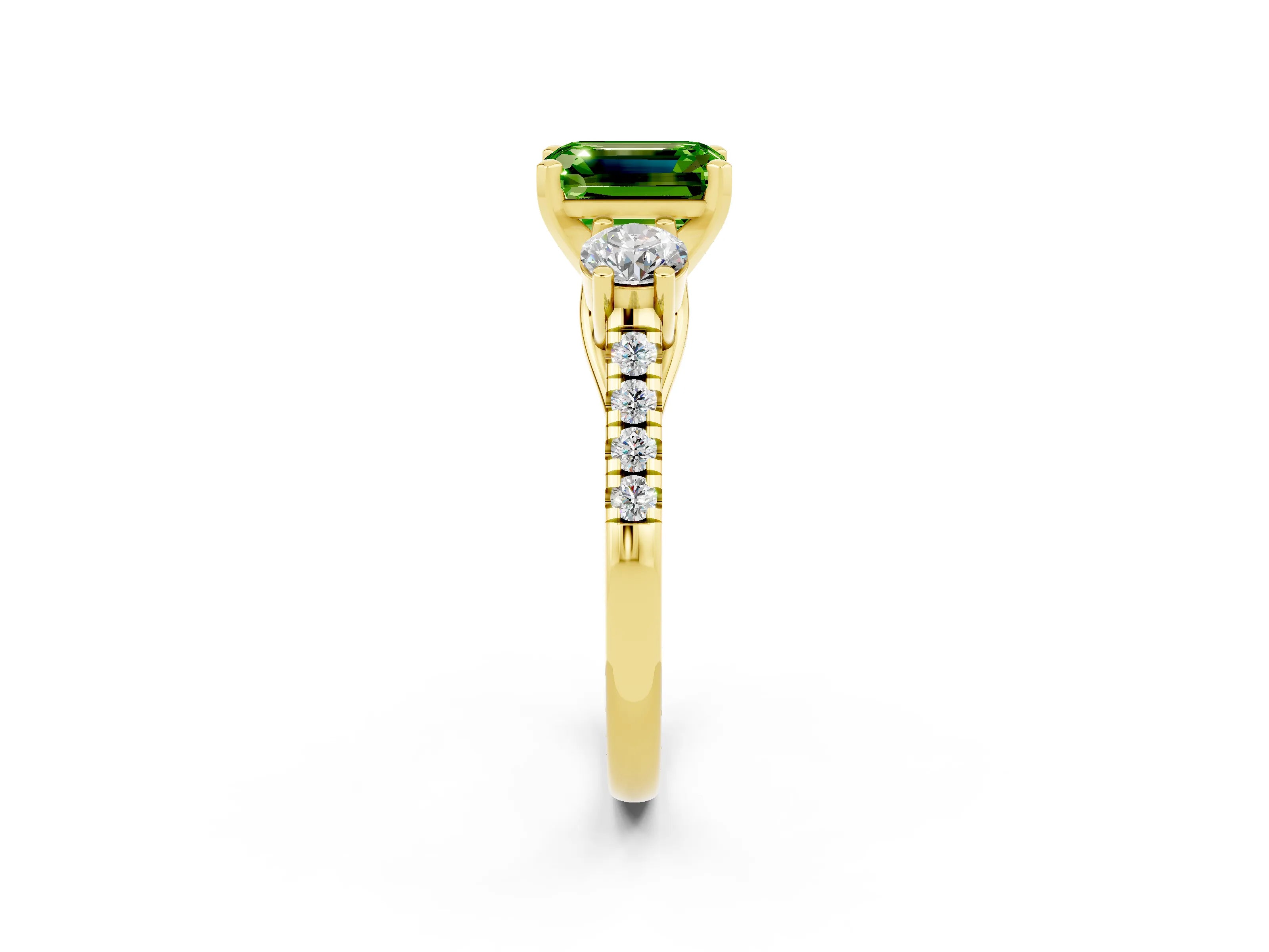 Yellow gold Three-Stone Emerald Cut Peridot Pavé Band with Four-Prong Setting_2