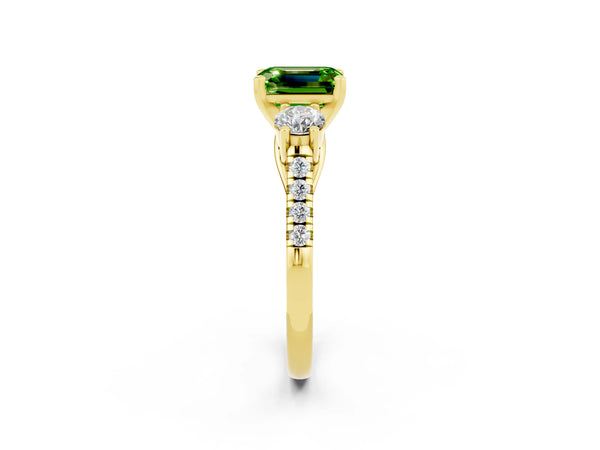 Yellow gold Three-Stone Emerald Cut Peridot Pavé Band with Four-Prong Setting