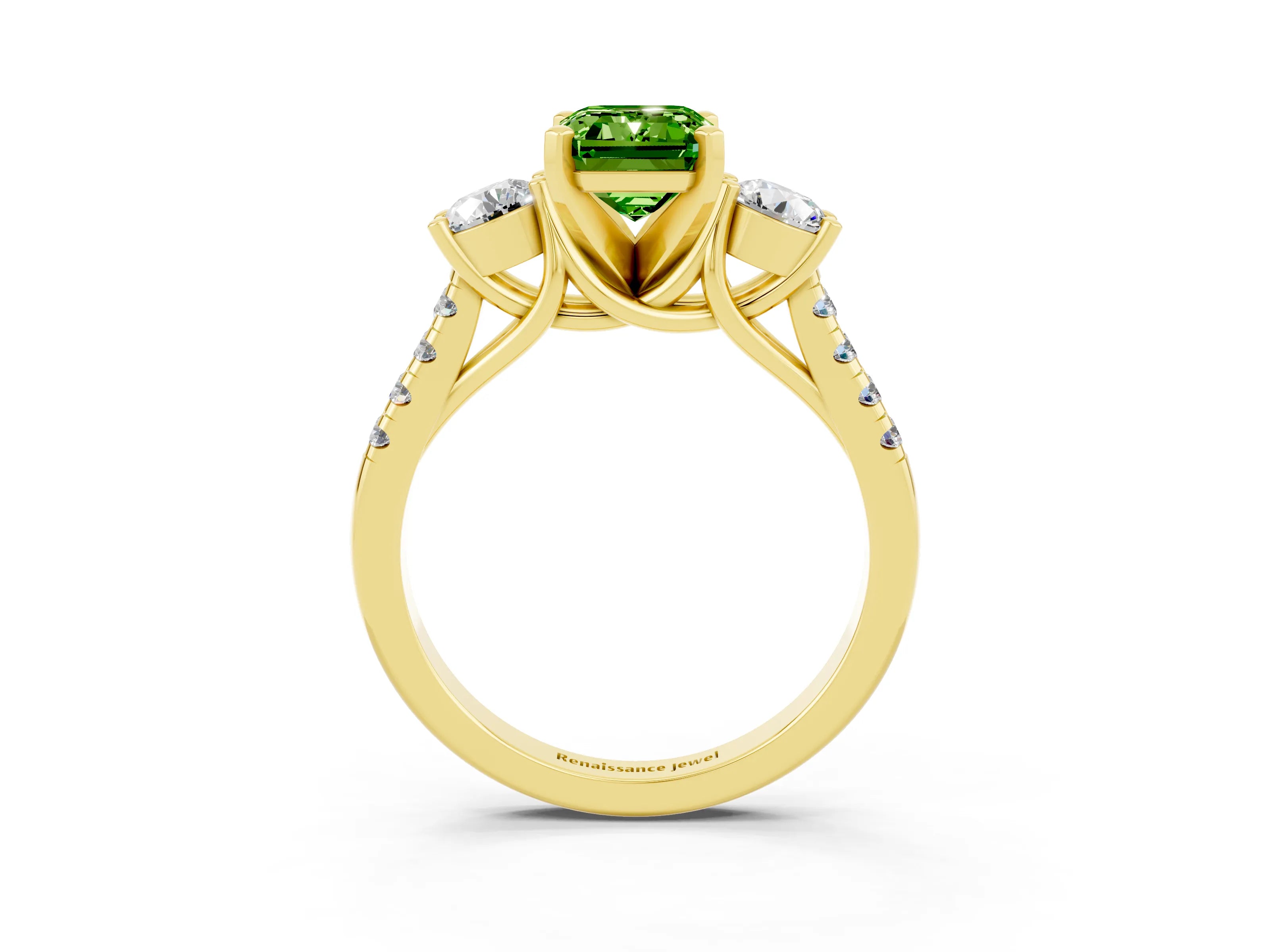 Yellow gold Three-Stone Emerald Cut Peridot Pavé Band with Four-Prong Setting_3