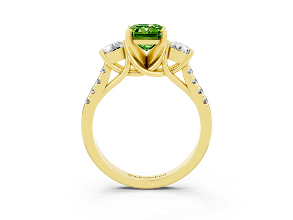 Yellow gold Three-Stone Emerald Cut Peridot Pavé Band with Four-Prong Setting