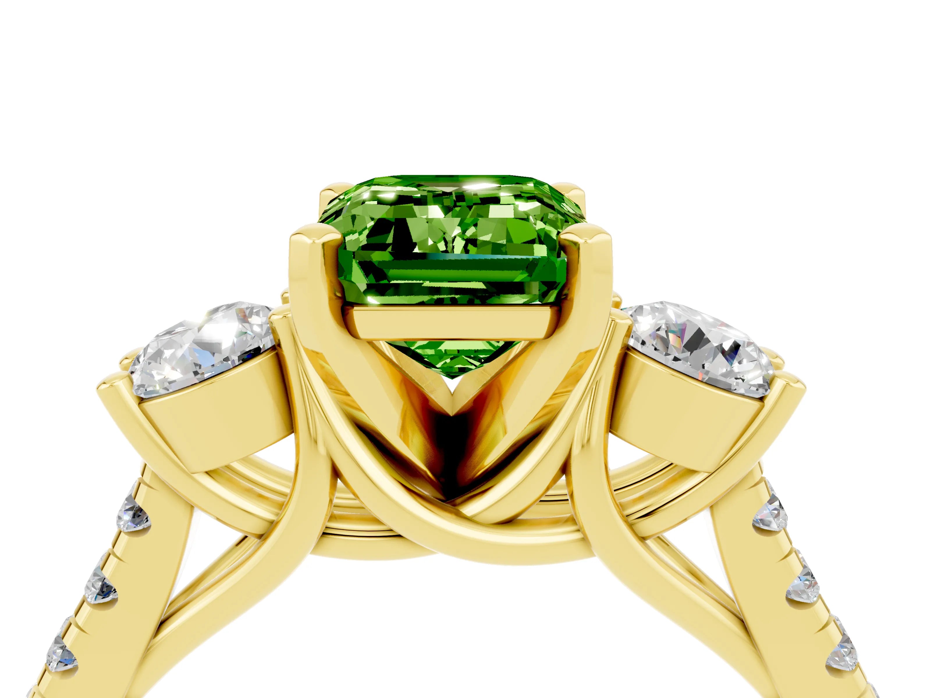 Yellow gold Three-Stone Emerald Cut Peridot Pavé Band with Four-Prong Setting_4