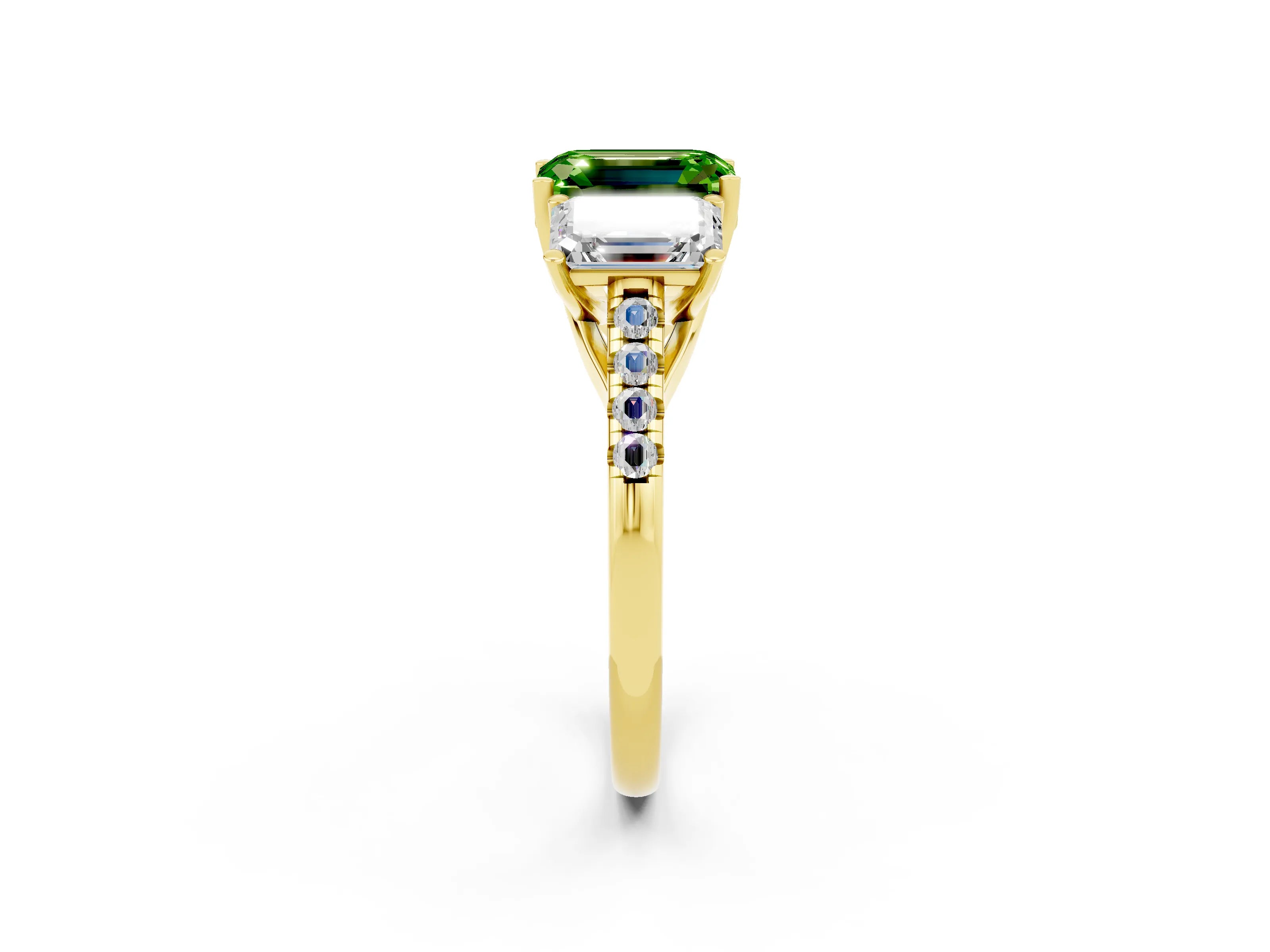 Yellow gold Three-Stone Emerald Cut Peridot Ring with Pavé Band and Prong Setting_14
