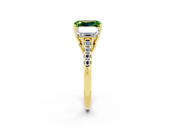 Yellow gold Three-Stone Emerald Cut Peridot Ring with Round  Pavé Band and Prong Setting