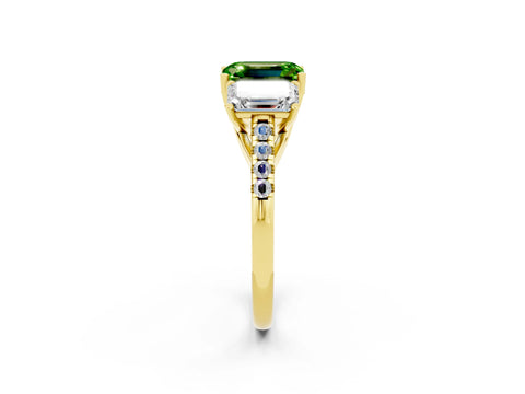Yellow gold Three-Stone Emerald Cut Peridot Ring with Pavé Band and Prong Setting_14