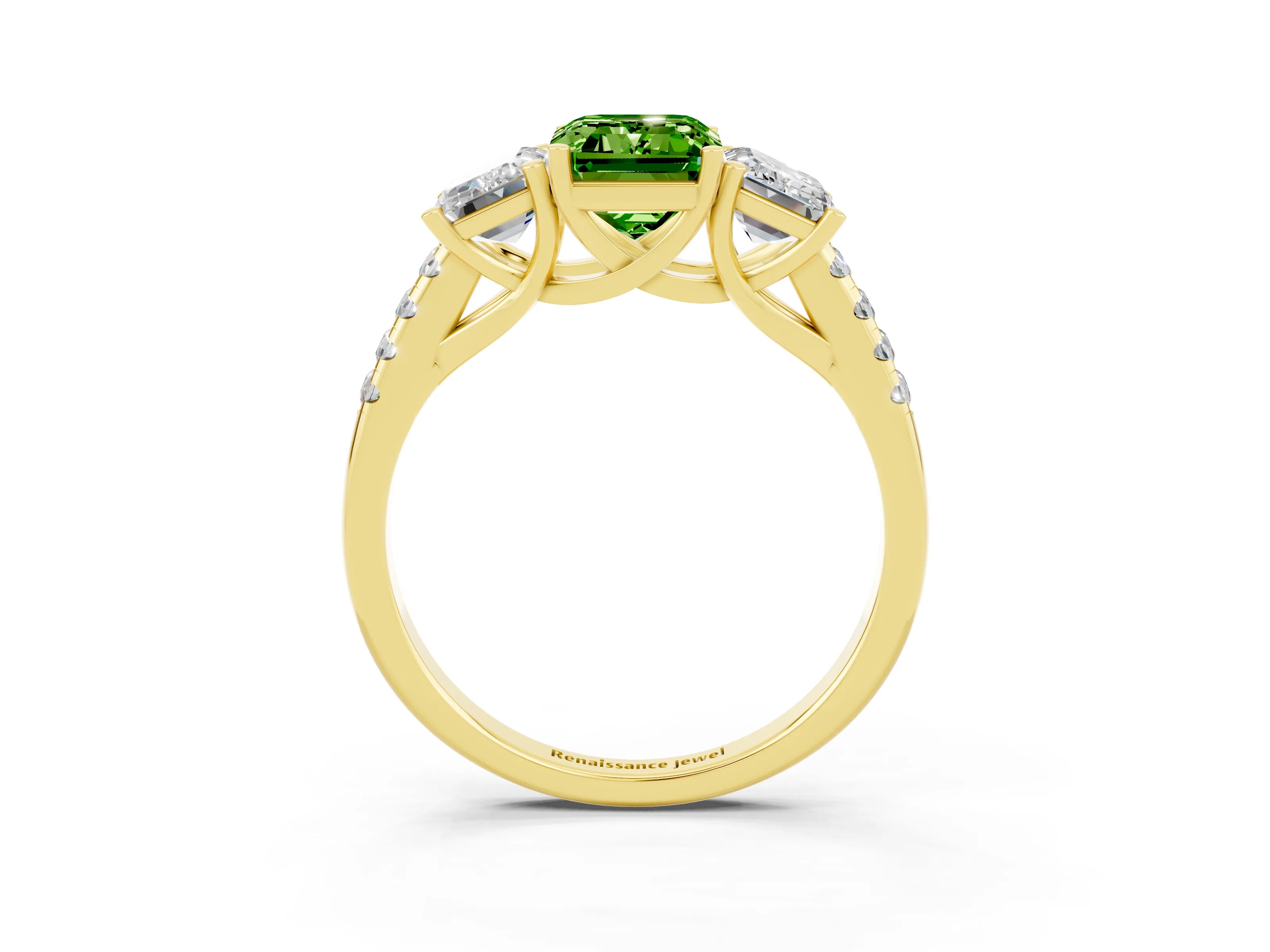 Yellow gold Three-Stone Emerald Cut Peridot Ring with Pavé Band and Prong Setting_15