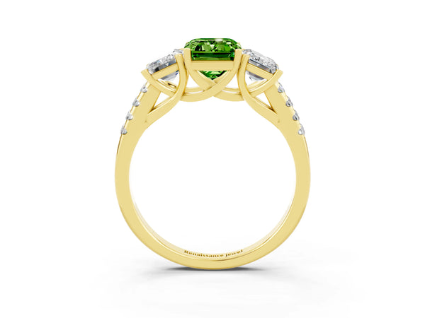 Yellow gold Three-Stone Emerald Cut Peridot Ring with Round  Pavé Band and Prong Setting