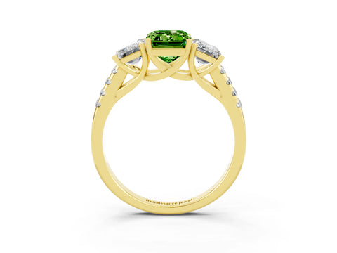Yellow gold Three-Stone Emerald Cut Peridot Ring with Pavé Band and Prong Setting_15