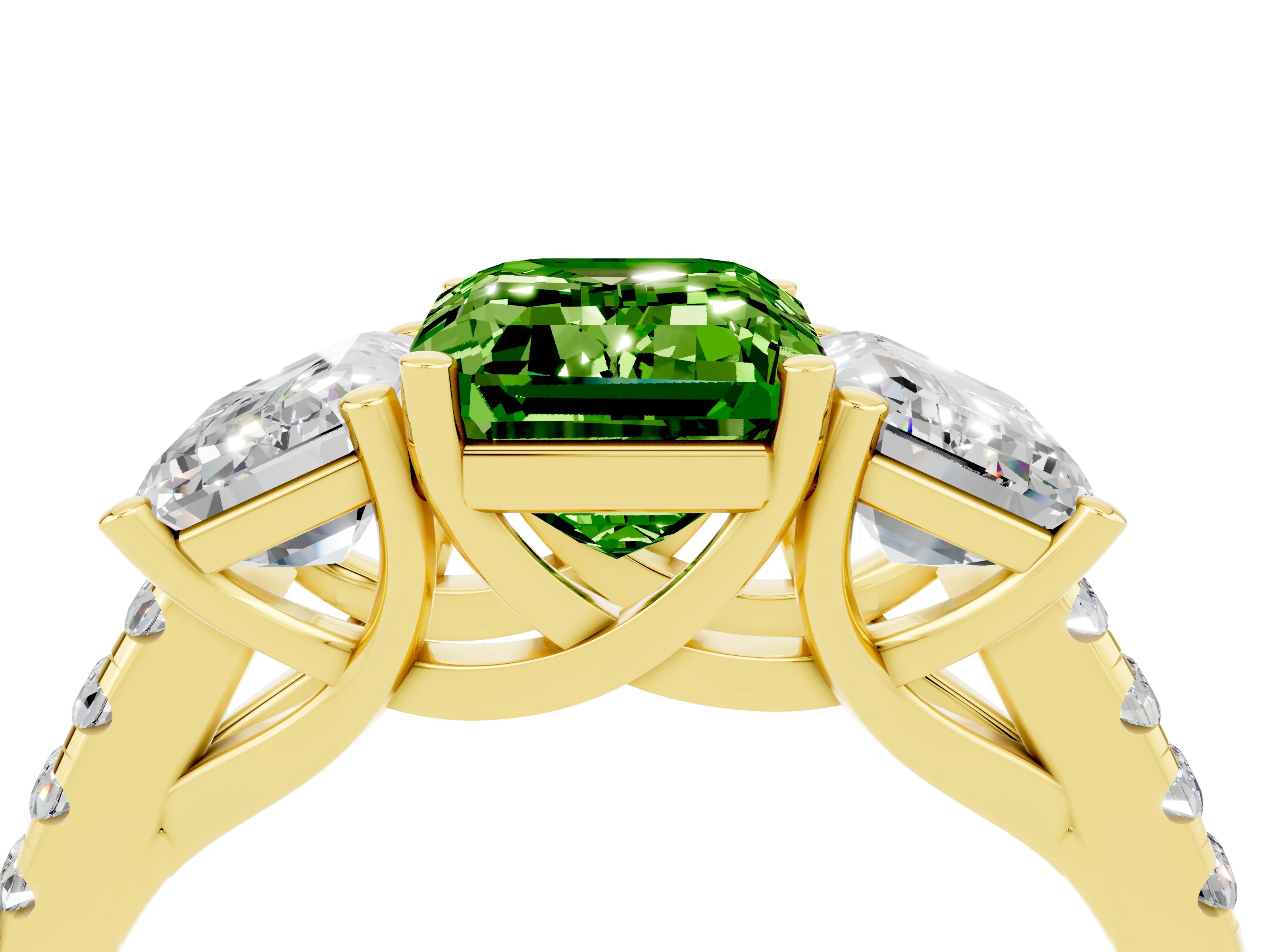 Yellow gold Three-Stone Emerald Cut Peridot Ring with Pavé Band and Prong Setting_16