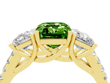 Yellow gold Three-Stone Emerald Cut Peridot Ring with Pavé Band and Prong Setting_16