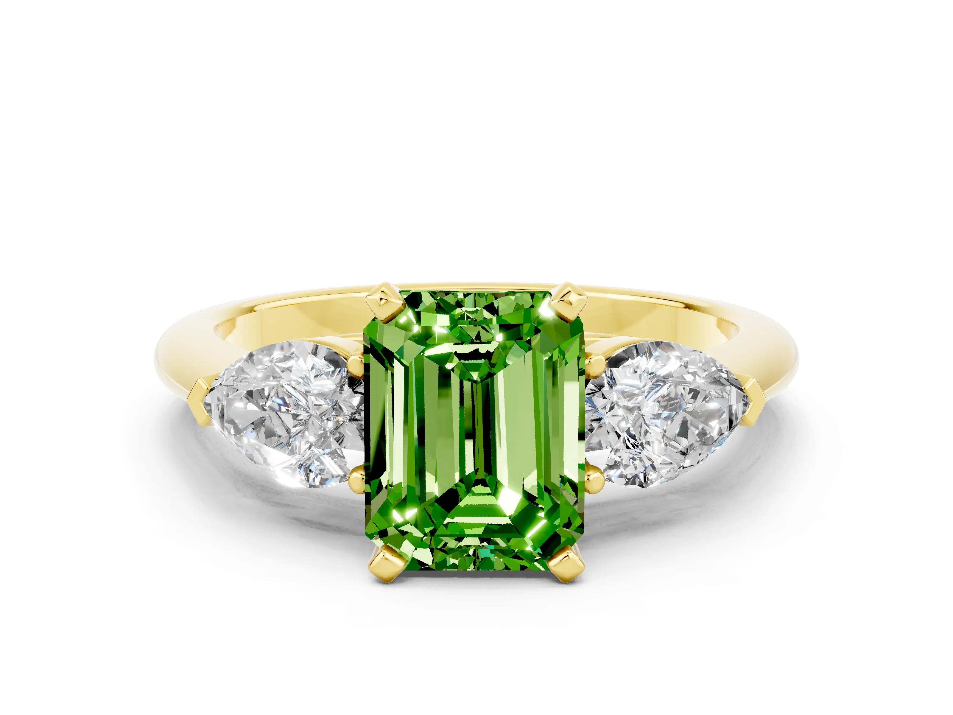 Yellow gold Three-Stone Emerald Cut Peridot Ring with Pear Side Stones and Four-Prong Setting