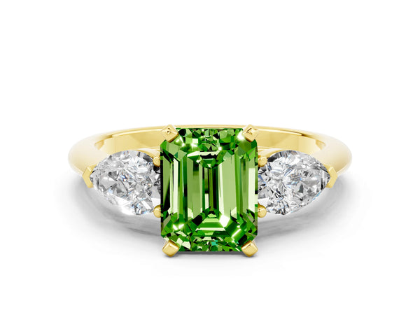 Yellow gold Three-Stone Emerald Cut Peridot Ring with Pear Side Stones and Four-Prong Setting