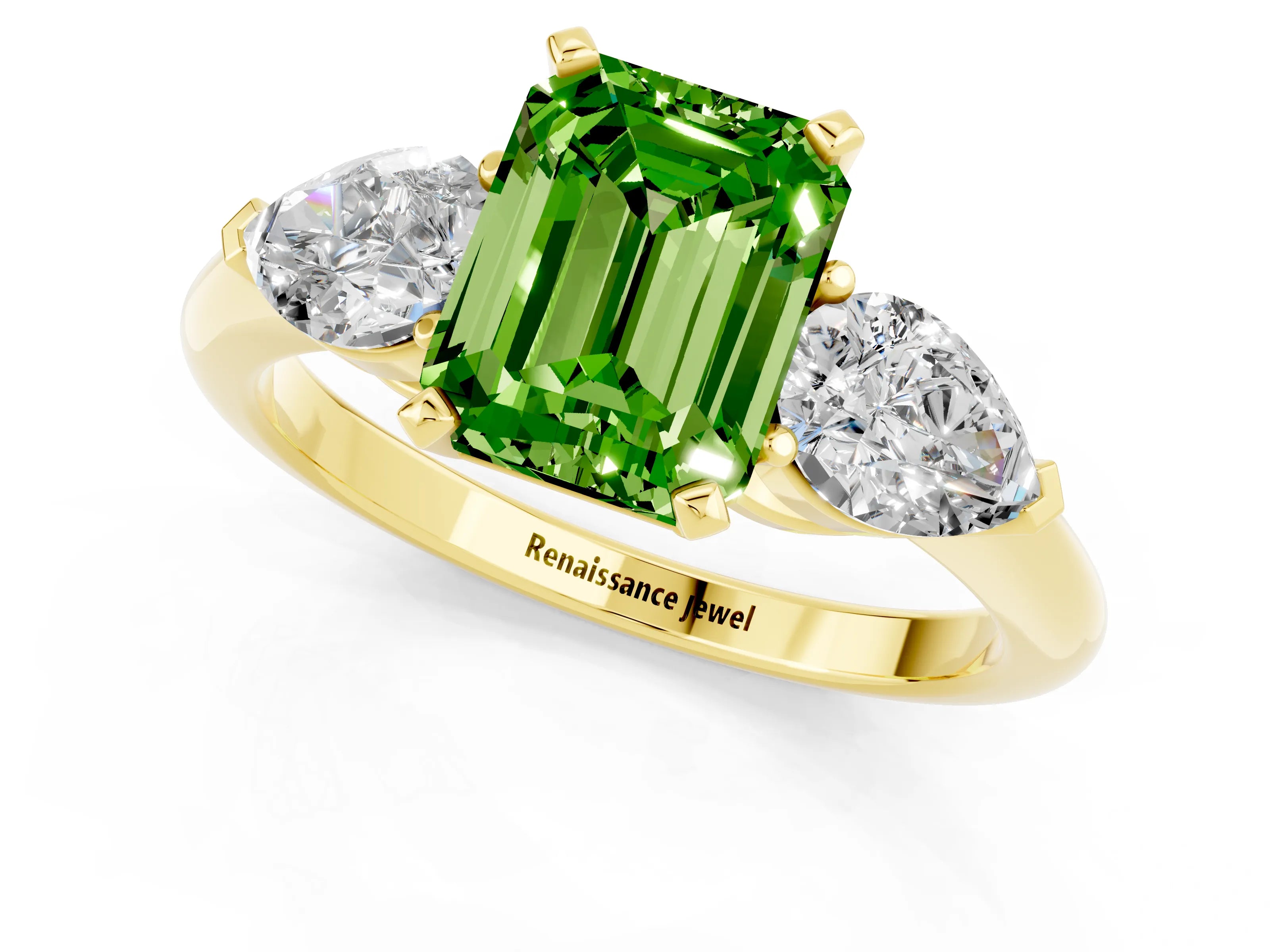 Yellow gold Three-Stone Emerald Cut Peridot Ring with Pear Side Stones and Four-Prong Setting_1