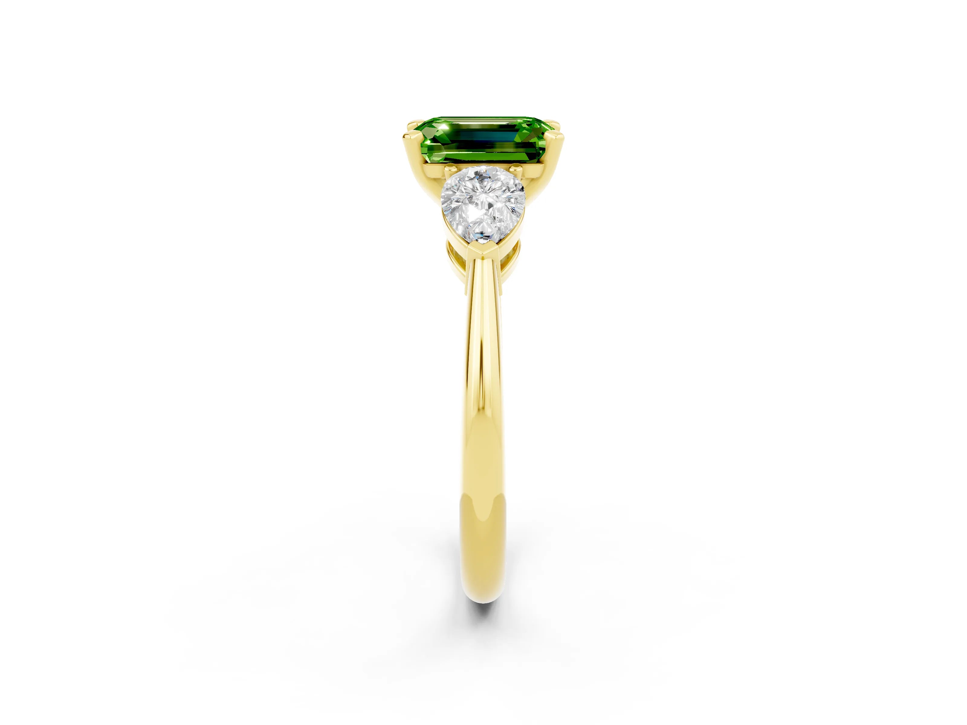 Yellow gold Three-Stone Emerald Cut Peridot Ring with Pear Side Stones and Four-Prong Setting_2