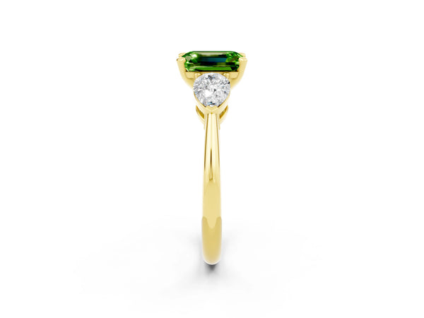 Yellow gold Three-Stone Emerald Cut Peridot Ring with Pear Side Stones and Four-Prong Setting