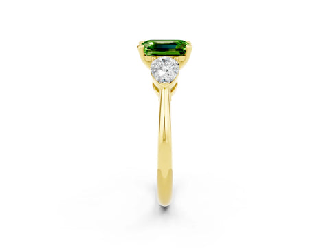 Yellow gold Three-Stone Emerald Cut Peridot Ring with Pear Side Stones and Four-Prong Setting_2
