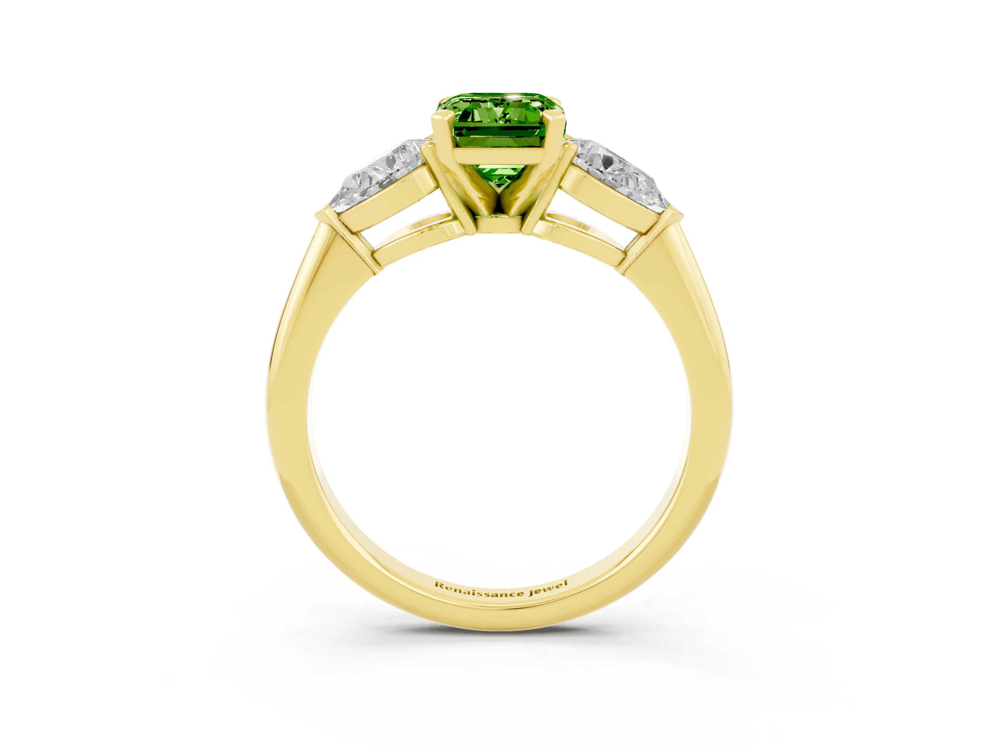 Yellow gold Three-Stone Emerald Cut Peridot Ring with Pear Side Stones and Four-Prong Setting_3