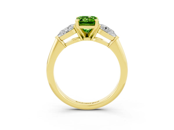 Yellow gold Three-Stone Emerald Cut Peridot Ring with Pear Side Stones and Four-Prong Setting