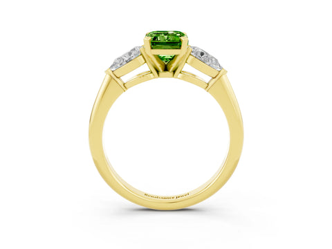 Yellow gold Three-Stone Emerald Cut Peridot Ring with Pear Side Stones and Four-Prong Setting_3