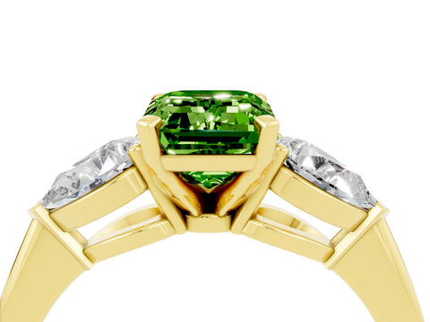 Yellow gold Three-Stone Emerald Cut Peridot Ring with Pear Side Stones and Four-Prong Setting_4