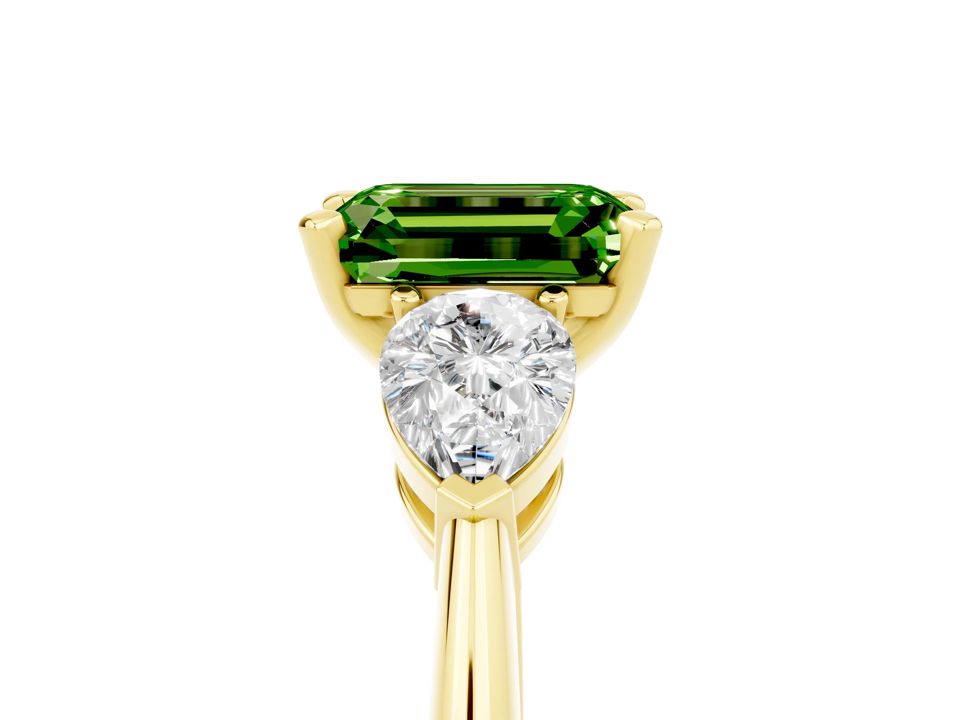 Yellow gold Three-Stone Emerald Cut Peridot Ring with Pear Side Stones and Four-Prong Setting_5