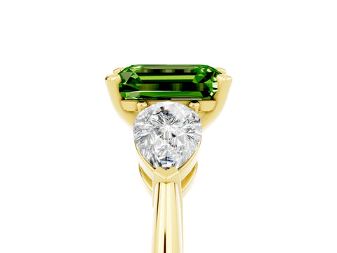 Yellow gold Three-Stone Emerald Cut Peridot Ring with Pear Side Stones and Four-Prong Setting_5
